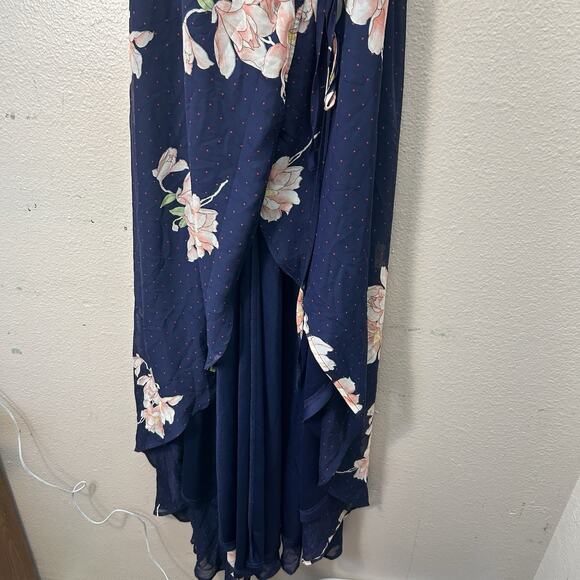 LULU'S Loiselle Navy Blue Floral Print Polka Dot Wrap Maxi Dress SZ S formal - Picture 10 of 11